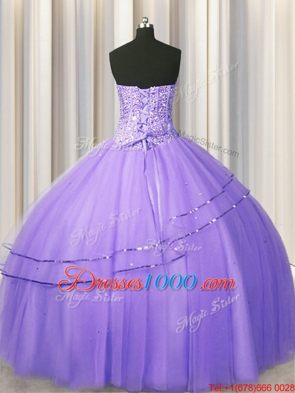 Fancy Visible Boning Big Puffy Sleeveless Tulle Floor Length Lace Up Quince Ball Gowns in Lavender for with Beading