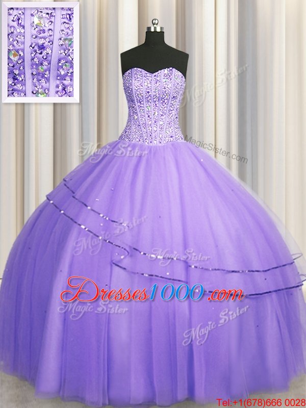 Fancy Visible Boning Big Puffy Sleeveless Tulle Floor Length Lace Up Quince Ball Gowns in Lavender for with Beading