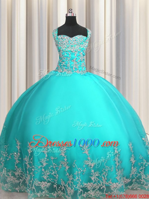 Sweet Sweetheart Sleeveless Quinceanera Dress Floor Length Beading and Appliques Aqua Blue Organza