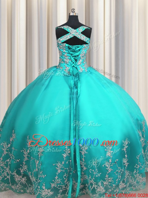 Sweet Sweetheart Sleeveless Quinceanera Dress Floor Length Beading and Appliques Aqua Blue Organza
