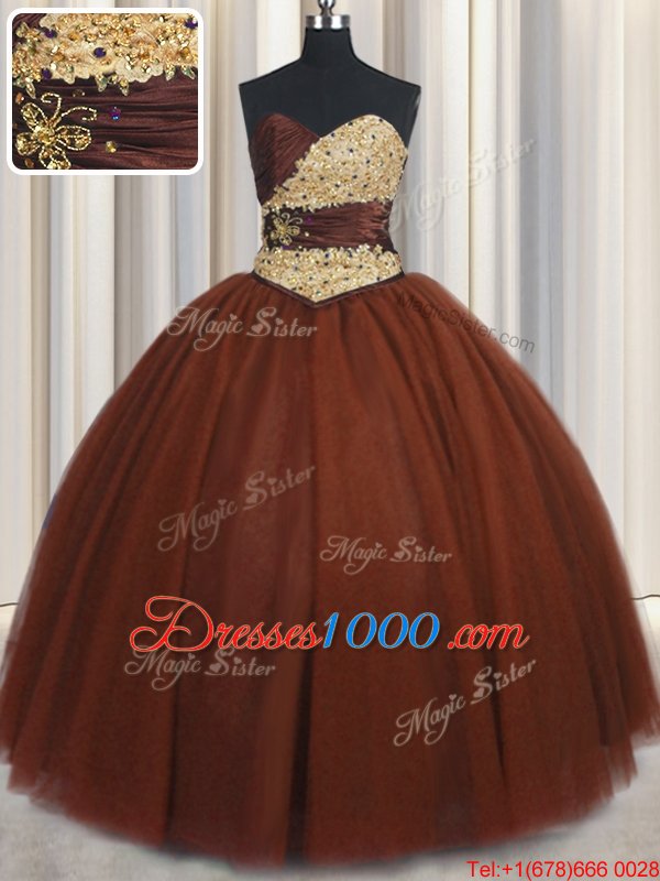 Beautiful Sleeveless Tulle Floor Length Lace Up Quinceanera Dress in Burgundy for with Beading and Appliques