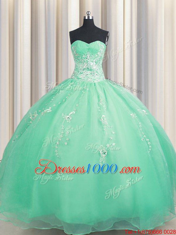 Best Zipper Up Sleeveless Floor Length Beading and Appliques Zipper Quinceanera Gown with Apple Green