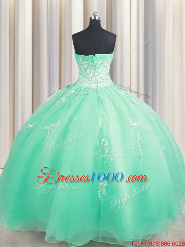 Best Zipper Up Sleeveless Floor Length Beading and Appliques Zipper Quinceanera Gown with Apple Green