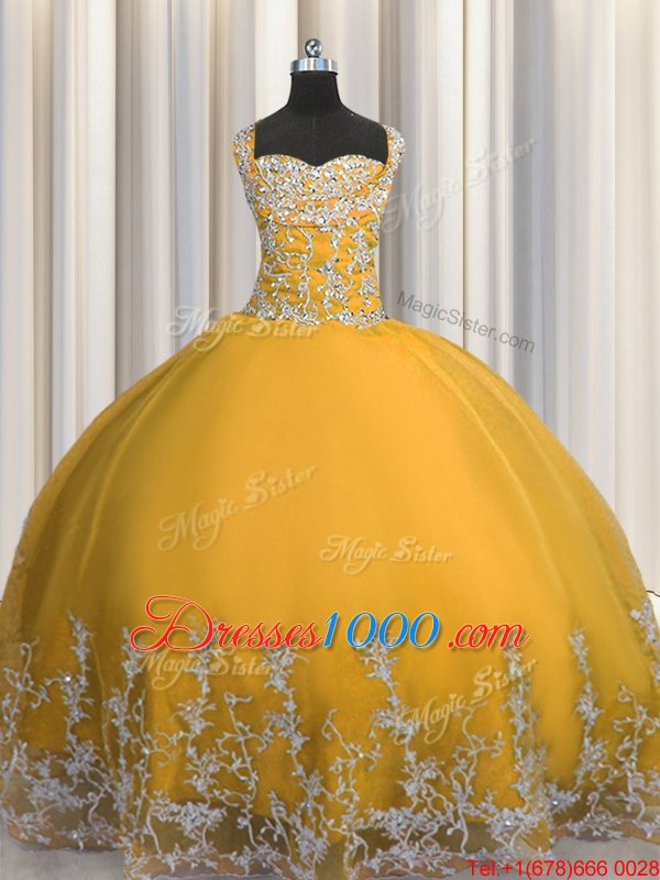 Colorful Gold Tulle Lace Up Sweet 16 Dress Sleeveless Floor Length Beading and Appliques