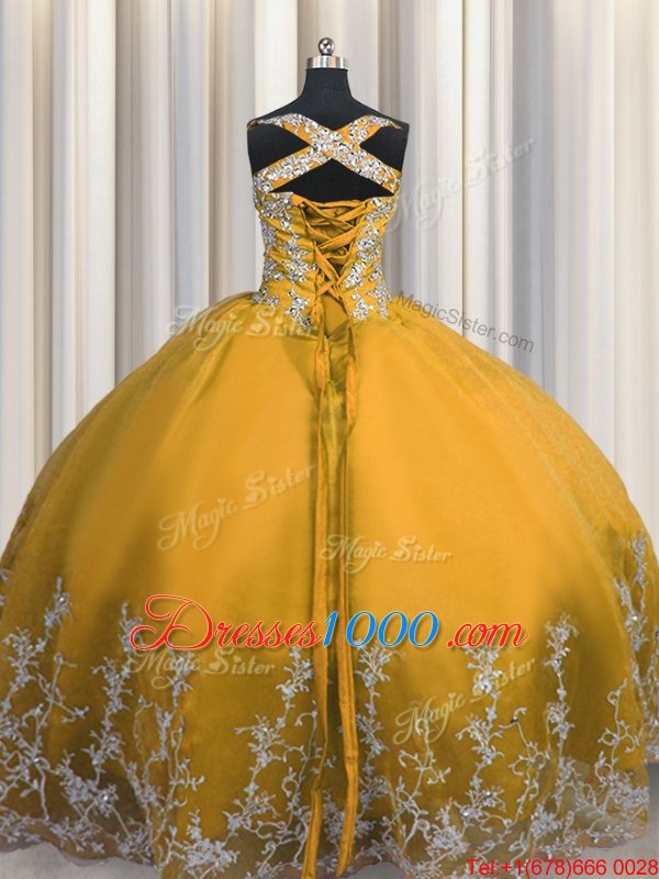 Colorful Gold Tulle Lace Up Sweet 16 Dress Sleeveless Floor Length Beading and Appliques