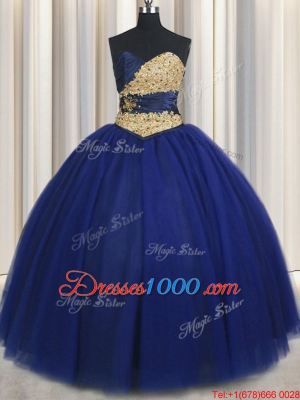 Cute Sleeveless Tulle Floor Length Lace Up Sweet 16 Quinceanera Dress in Navy Blue for with Beading and Appliques