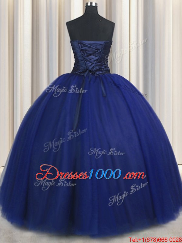 Cute Sleeveless Tulle Floor Length Lace Up Sweet 16 Quinceanera Dress in Navy Blue for with Beading and Appliques