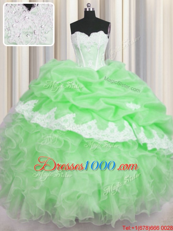 Sleeveless Organza Floor Length Lace Up Quinceanera Dress in for with Beading and Appliques and Ruffles and Pick Ups