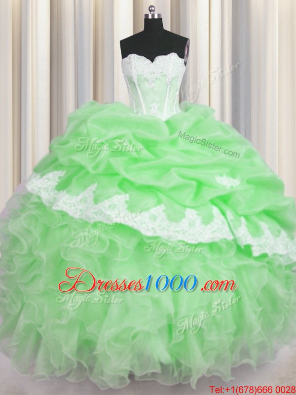 Sleeveless Organza Floor Length Lace Up Quinceanera Dress in for with Beading and Appliques and Ruffles and Pick Ups