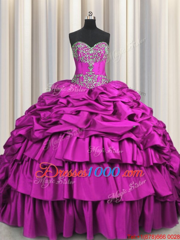 Low Price Brush Train Sleeveless Lace Up Floor Length Beading and Embroidery and Ruffled Layers and Pick Ups Quinceanera Dresses
