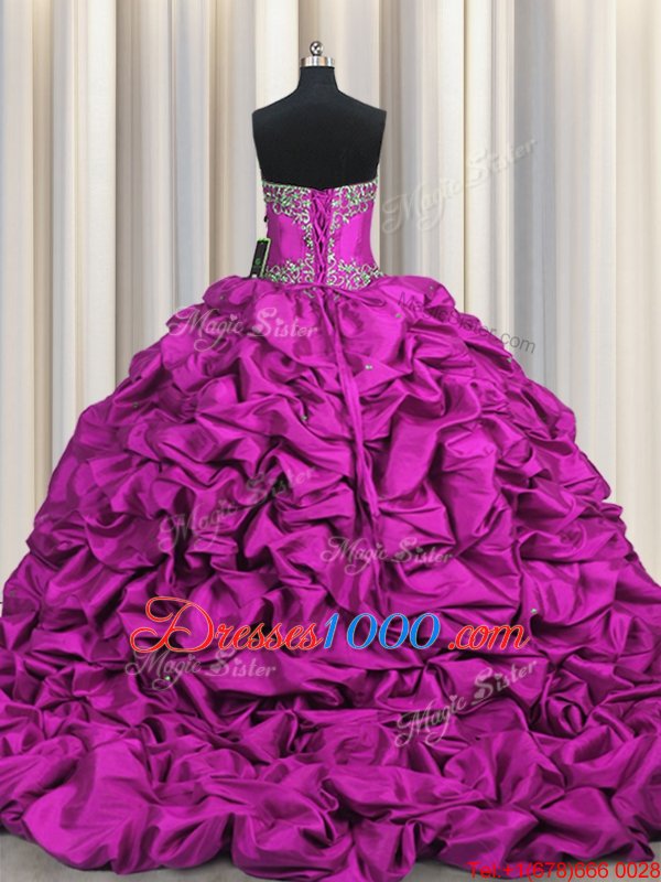 Low Price Brush Train Sleeveless Lace Up Floor Length Beading and Embroidery and Ruffled Layers and Pick Ups Quinceanera Dresses