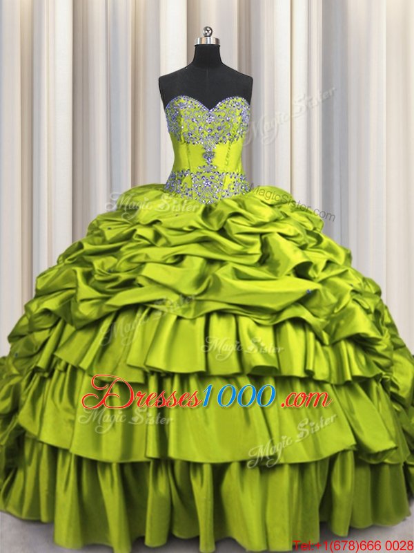 Brush Train Beading and Embroidery and Ruffled Layers and Pick Ups Ball Gown Prom Dress Olive Green Lace Up Sleeveless Floor Length