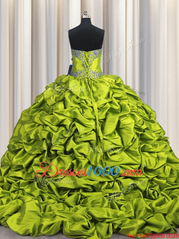 Brush Train Beading and Embroidery and Ruffled Layers and Pick Ups Ball Gown Prom Dress Olive Green Lace Up Sleeveless Floor Length