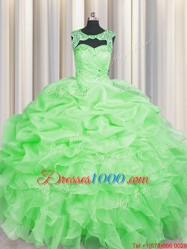 Customized Scoop Sleeveless Floor Length Beading and Pick Ups Lace Up Quinceanera Gowns with