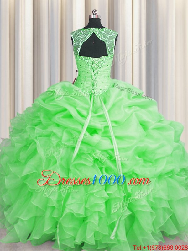 Customized Scoop Sleeveless Floor Length Beading and Pick Ups Lace Up Quinceanera Gowns with