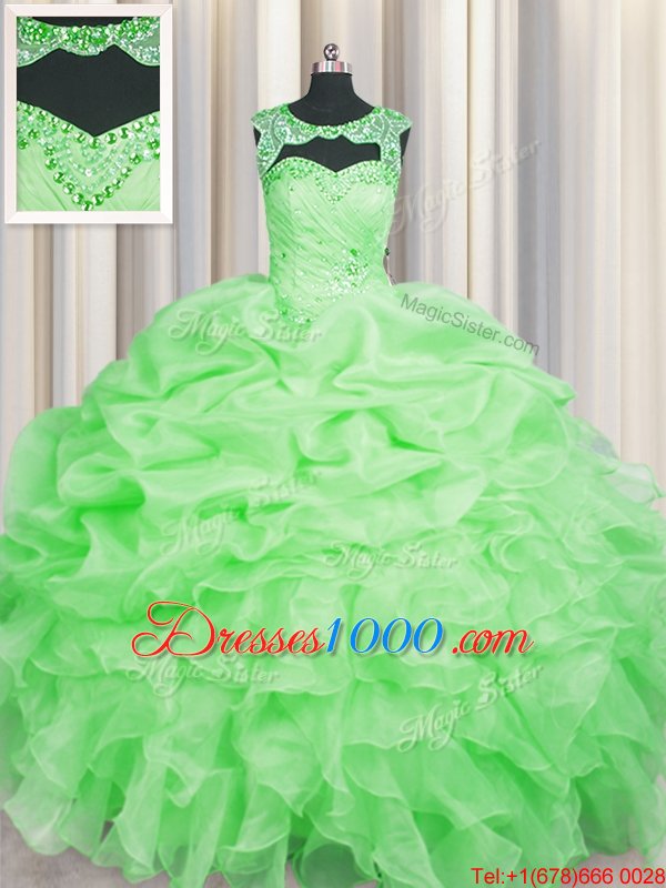 Customized Scoop Sleeveless Floor Length Beading and Pick Ups Lace Up Quinceanera Gowns with