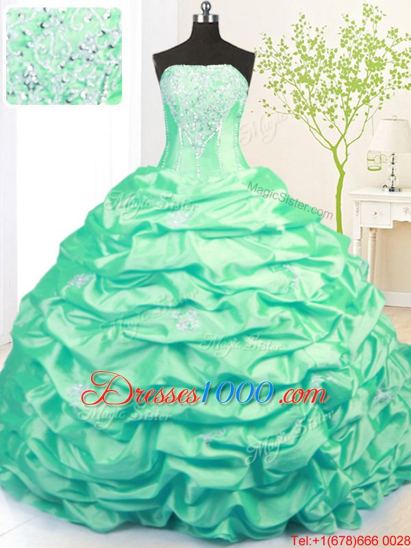 Beading and Pick Ups 15th Birthday Dress Turquoise Side Zipper Sleeveless With Train Sweep Train
