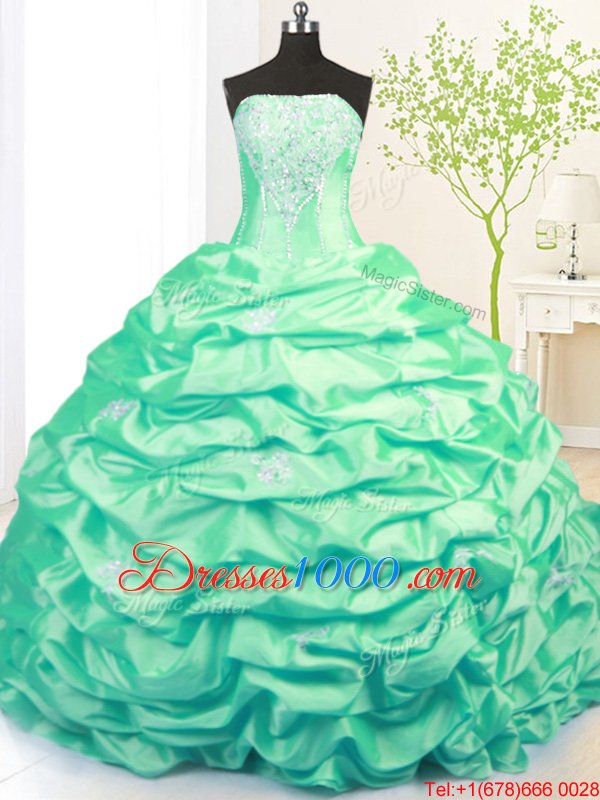 Beading and Pick Ups 15th Birthday Dress Turquoise Side Zipper Sleeveless With Train Sweep Train