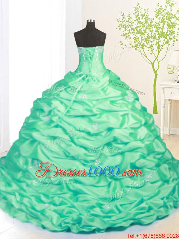 Beading and Pick Ups 15th Birthday Dress Turquoise Side Zipper Sleeveless With Train Sweep Train