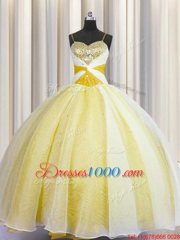 Classical Spaghetti Straps Yellow Organza Lace Up Quince Ball Gowns Sleeveless Floor Length Beading and Ruching
