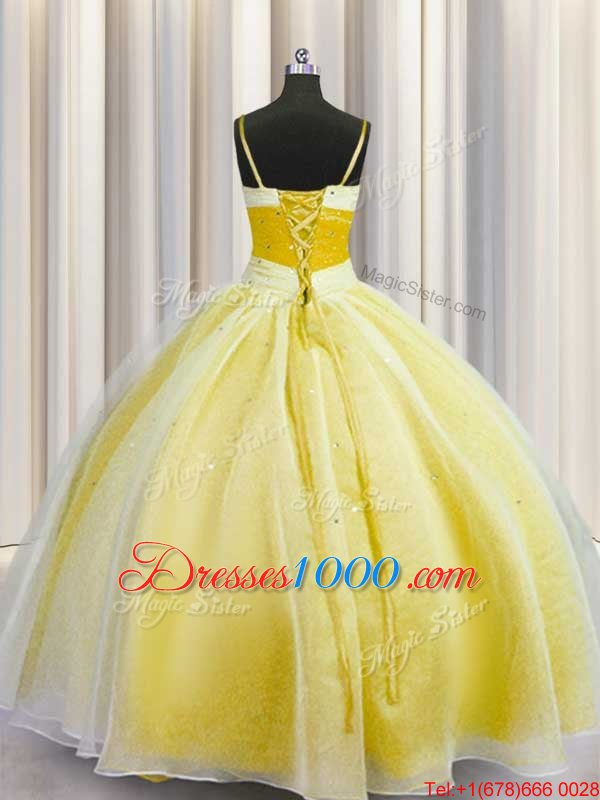 Classical Spaghetti Straps Yellow Organza Lace Up Quince Ball Gowns Sleeveless Floor Length Beading and Ruching