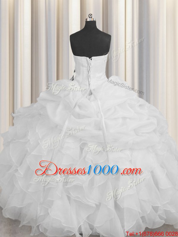Comfortable Organza Sweetheart Sleeveless Lace Up Beading and Ruffles 15th Birthday Dress in White