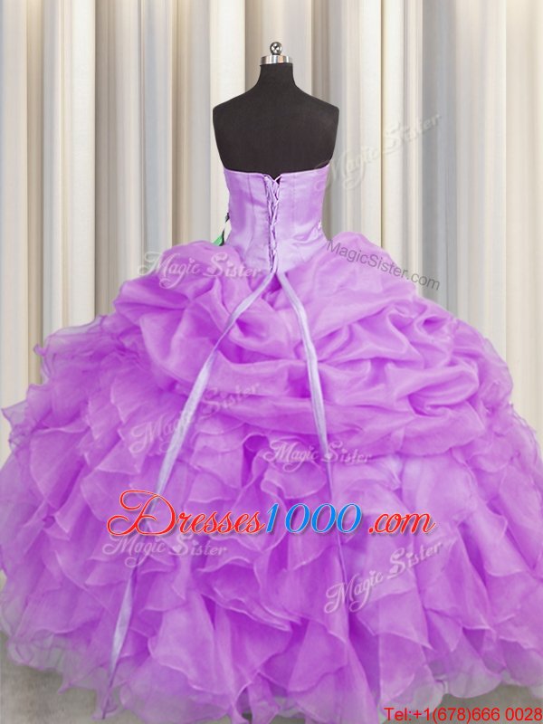 Super Lilac Organza Lace Up Sweetheart Sleeveless Floor Length 15 Quinceanera Dress Beading and Ruffles