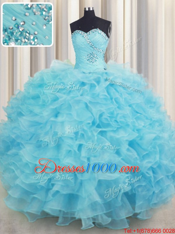 Organza Sleeveless Floor Length Ball Gown Prom Dress and Beading and Ruffles