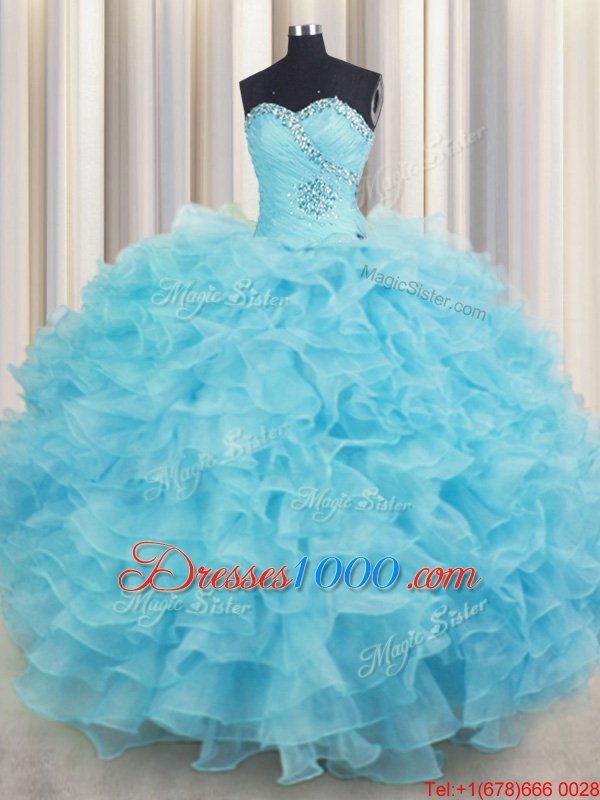 Organza Sleeveless Floor Length Ball Gown Prom Dress and Beading and Ruffles