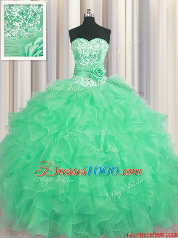 Handcrafted Flower Beading and Ruffles and Hand Made Flower Vestidos de Quinceanera Apple Green Lace Up Sleeveless Floor Length