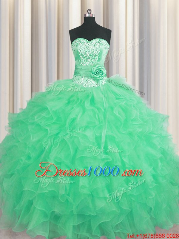 Handcrafted Flower Beading and Ruffles and Hand Made Flower Vestidos de Quinceanera Apple Green Lace Up Sleeveless Floor Length