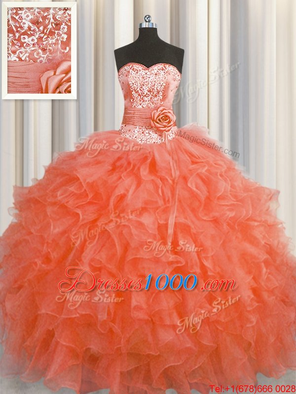 Colorful Handcrafted Flower Floor Length Red Quinceanera Dresses Organza Sleeveless Beading and Ruffles and Hand Made Flower