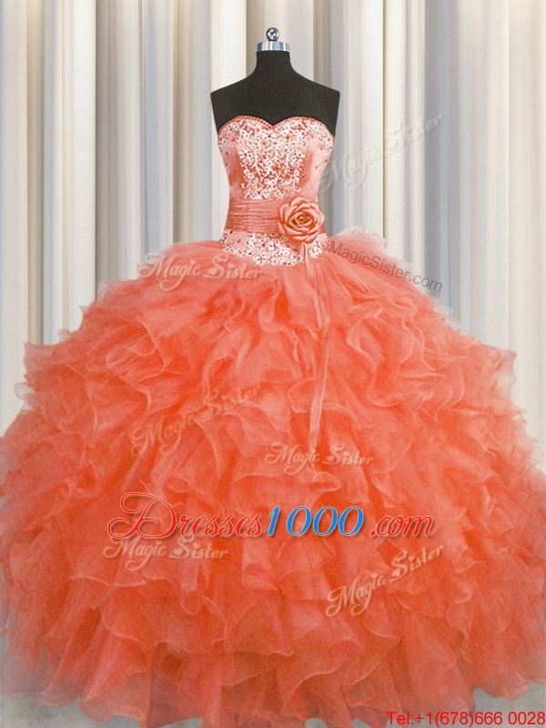 Colorful Handcrafted Flower Floor Length Red Quinceanera Dresses Organza Sleeveless Beading and Ruffles and Hand Made Flower