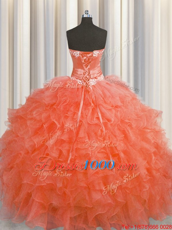 Colorful Handcrafted Flower Floor Length Red Quinceanera Dresses Organza Sleeveless Beading and Ruffles and Hand Made Flower