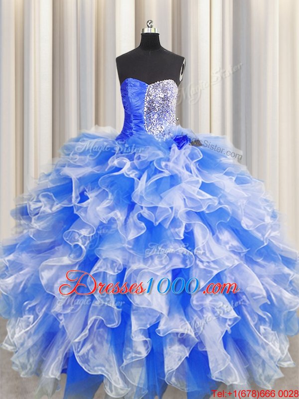 Organza Sweetheart Sleeveless Lace Up Beading and Ruffles and Ruching Quinceanera Gown in Blue And White