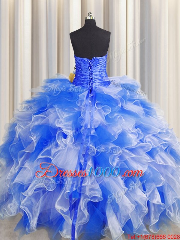 Organza Sweetheart Sleeveless Lace Up Beading and Ruffles and Ruching Quinceanera Gown in Blue And White