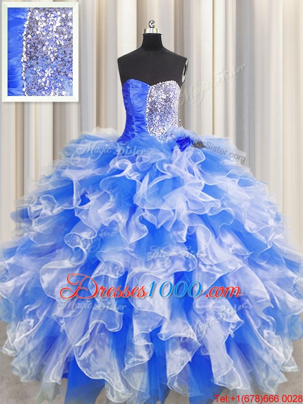 Organza Sweetheart Sleeveless Lace Up Beading and Ruffles and Ruching Quinceanera Gown in Blue And White