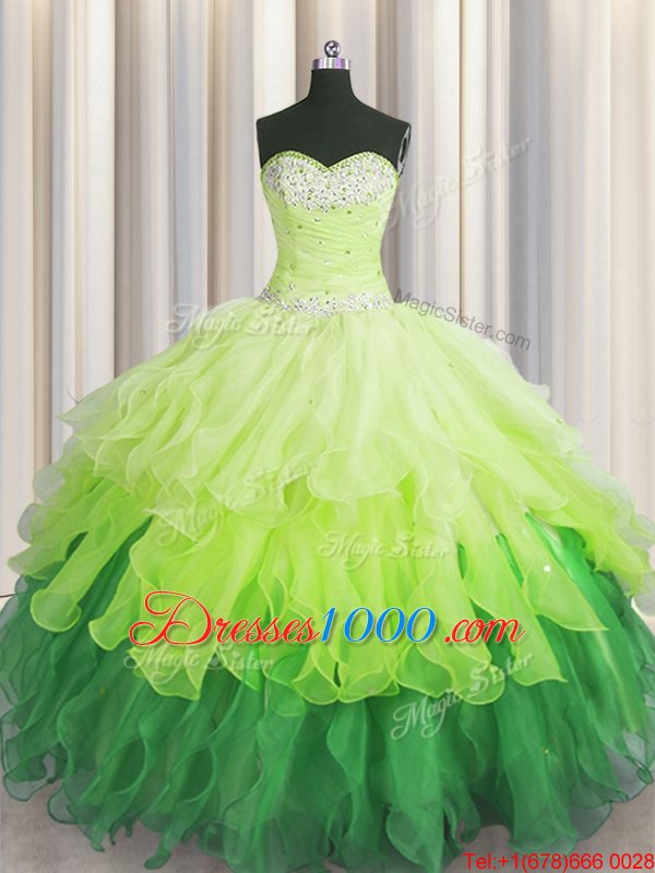 Multi-color Organza Lace Up Quinceanera Dresses Sleeveless Floor Length Beading and Ruffles and Ruffled Layers and Sequins