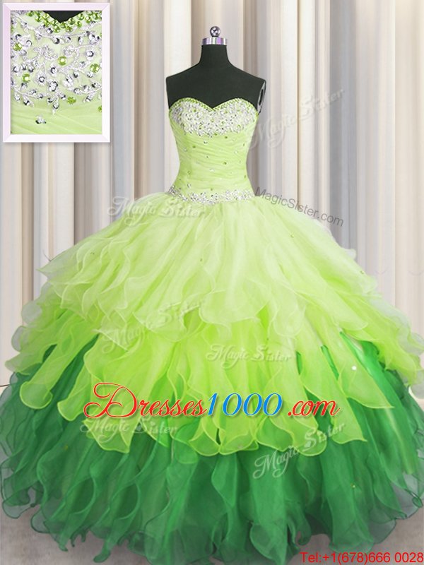 Multi-color Organza Lace Up Quinceanera Dresses Sleeveless Floor Length Beading and Ruffles and Ruffled Layers and Sequins