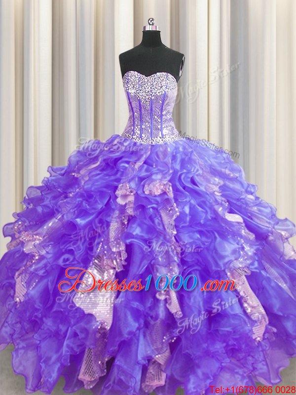Visible Boning Purple Ball Gowns Organza and Sequined Sweetheart Sleeveless Beading and Ruffles and Sequins Floor Length Lace Up Sweet 16 Dresses