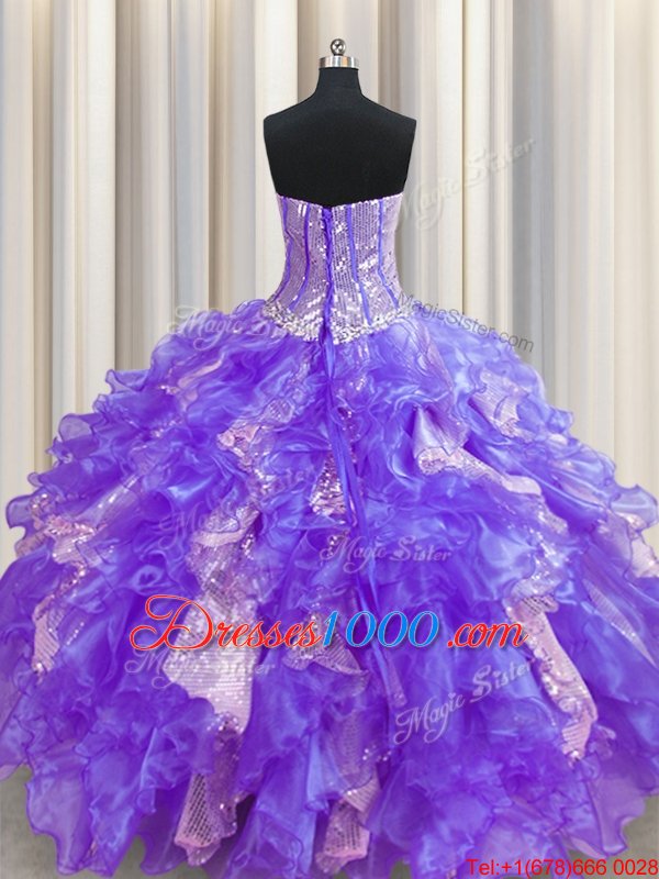 Visible Boning Purple Ball Gowns Organza and Sequined Sweetheart Sleeveless Beading and Ruffles and Sequins Floor Length Lace Up Sweet 16 Dresses