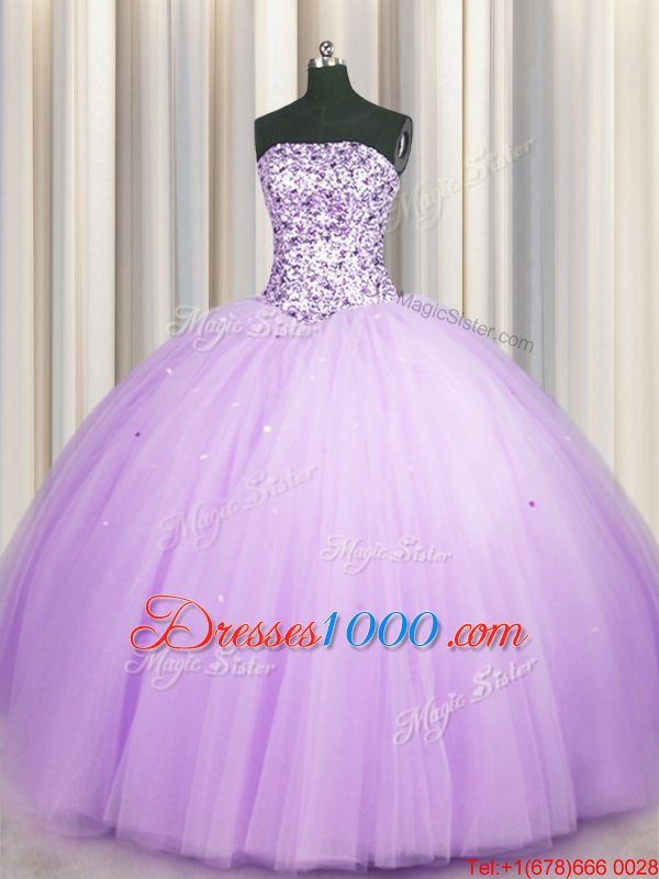 Really Puffy Lavender Sleeveless Floor Length Beading and Sequins Lace Up Quinceanera Gowns