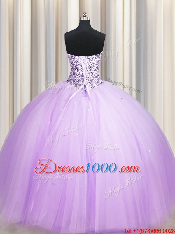 Really Puffy Lavender Sleeveless Floor Length Beading and Sequins Lace Up Quinceanera Gowns