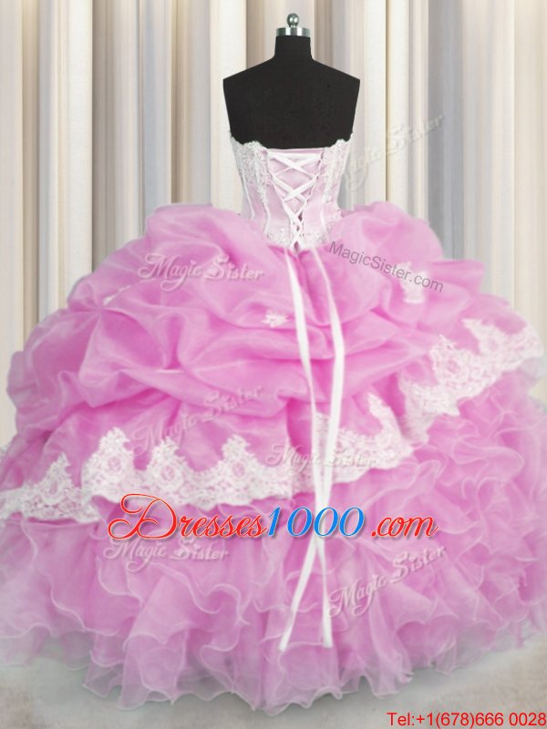 Stunning Sweetheart Sleeveless Organza Quinceanera Dress Beading and Appliques and Ruffles and Pick Ups Lace Up