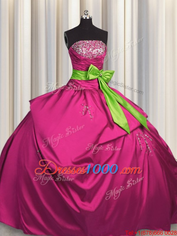 Excellent Fuchsia Strapless Lace Up Beading and Ruching and Bowknot Quince Ball Gowns Sleeveless