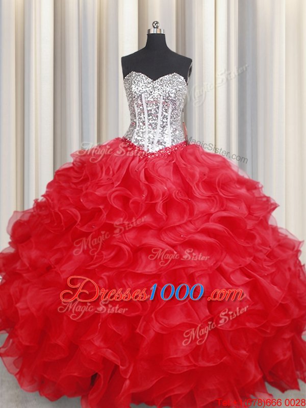 Latest Handcrafted Flower Organza Sleeveless Floor Length Sweet 16 Quinceanera Dress and Ruffles and Hand Made Flower