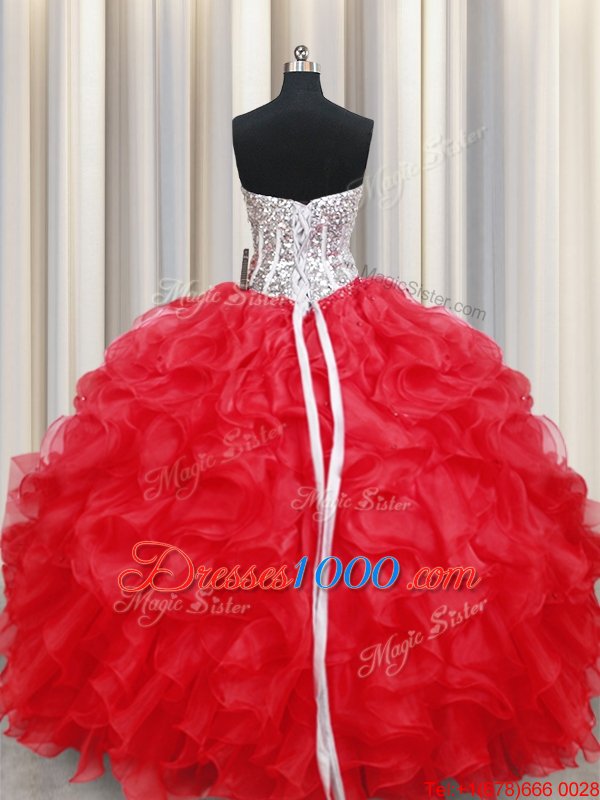 Latest Handcrafted Flower Organza Sleeveless Floor Length Sweet 16 Quinceanera Dress and Ruffles and Hand Made Flower