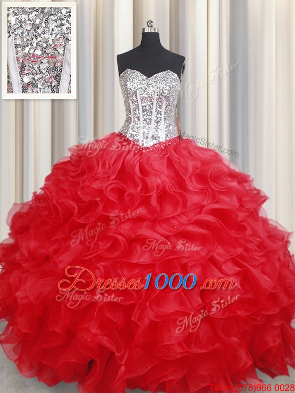 Latest Handcrafted Flower Organza Sleeveless Floor Length Sweet 16 Quinceanera Dress and Ruffles and Hand Made Flower