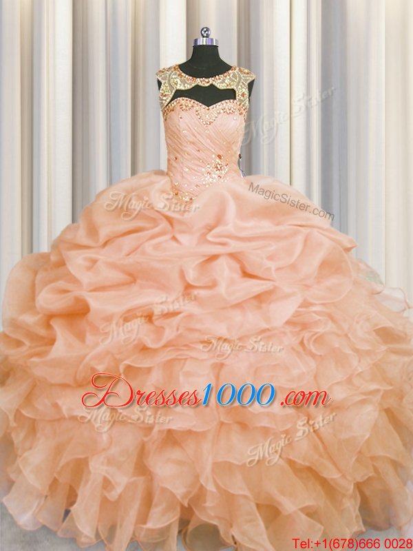 Fabulous Scoop Pick Ups Floor Length Ball Gowns Sleeveless Peach Quinceanera Dress Lace Up