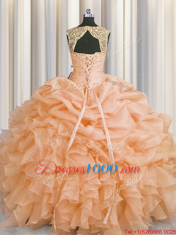 Fabulous Scoop Pick Ups Floor Length Ball Gowns Sleeveless Peach Quinceanera Dress Lace Up